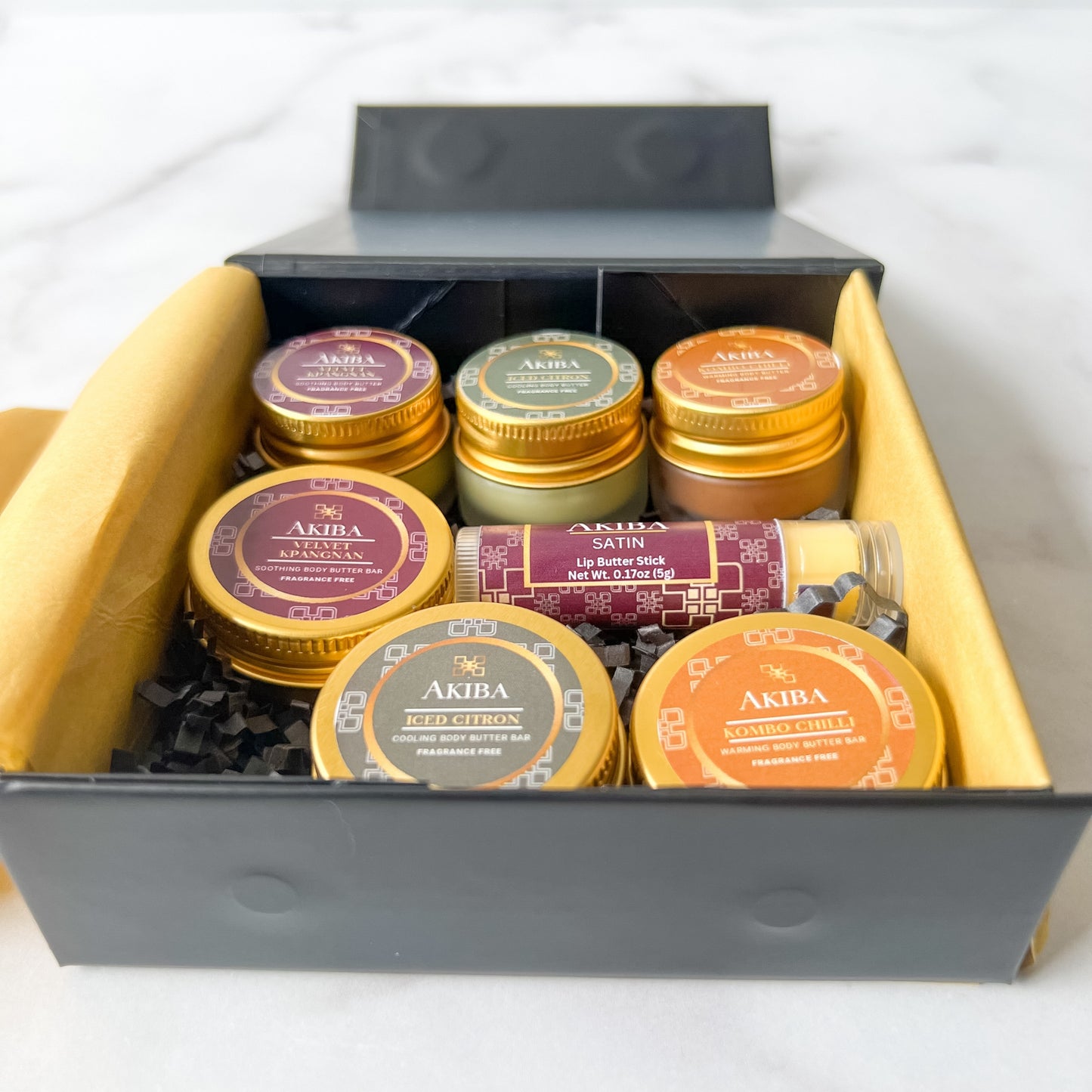 Everyday Gentle Body and Lip Care - Akiba Treasures Discovery Collection. Seven sample size products - enough to try our body and lip care range before committing to a full size product.