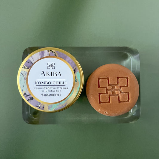 NEW! Akiba "Kombo Chilli" Moisturizing and Sore Muscle Relief Body Butter Bar - with Kpangnan Butter and Warming Chilli Extract (Fragrance free)